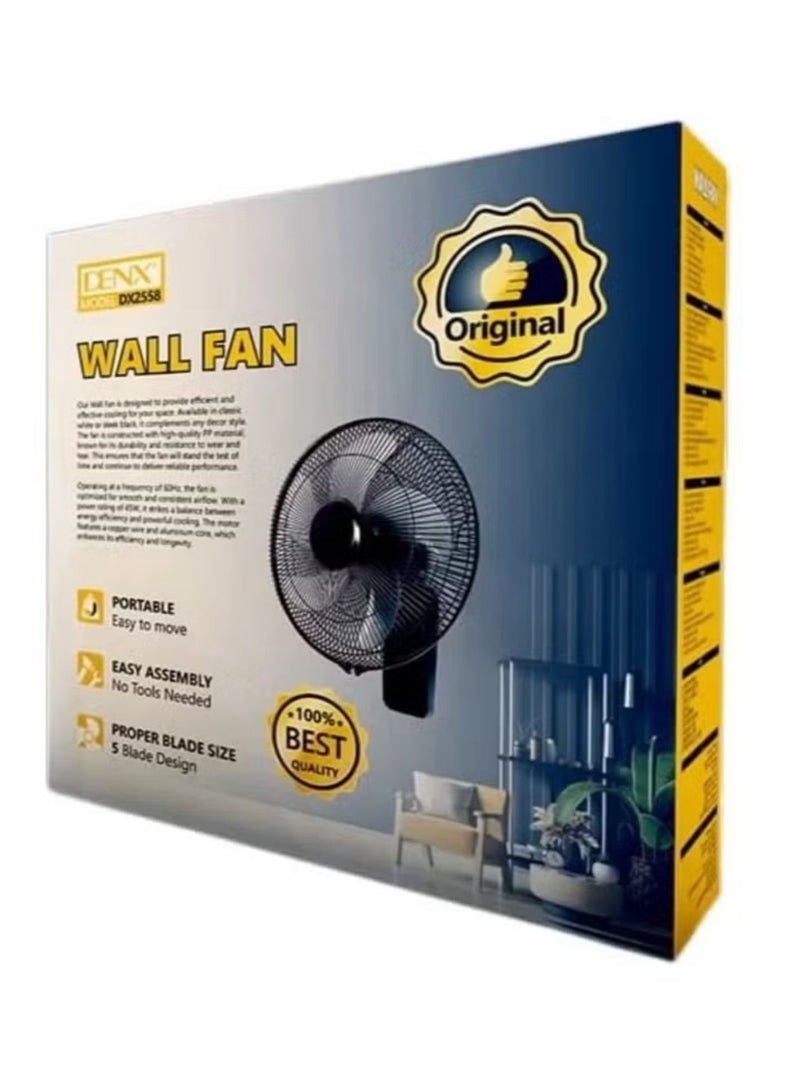 Denx 16 Inch Wall Fan High Performance Fan with 3 Speed ​​Controls  5 Leaf Blades and 2 Pull Cord Adjustable Tilt Angle and Efficient Cooling - Image 3