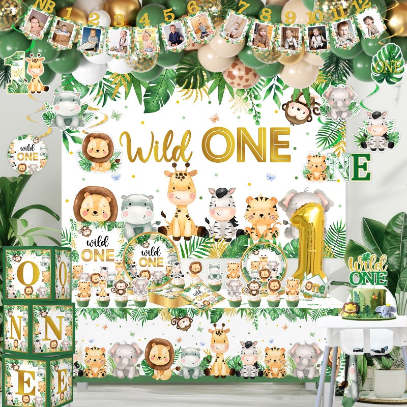 YGCTBVY Wild Birthday Decorations,Safari Birthday Decorations 239Pcs Wild Plates and Napkin Sets Banner Backdrop Tablecloth Cake Topper Box Balloon Garland for Jungle 1st Birth day Decorations - Image 4