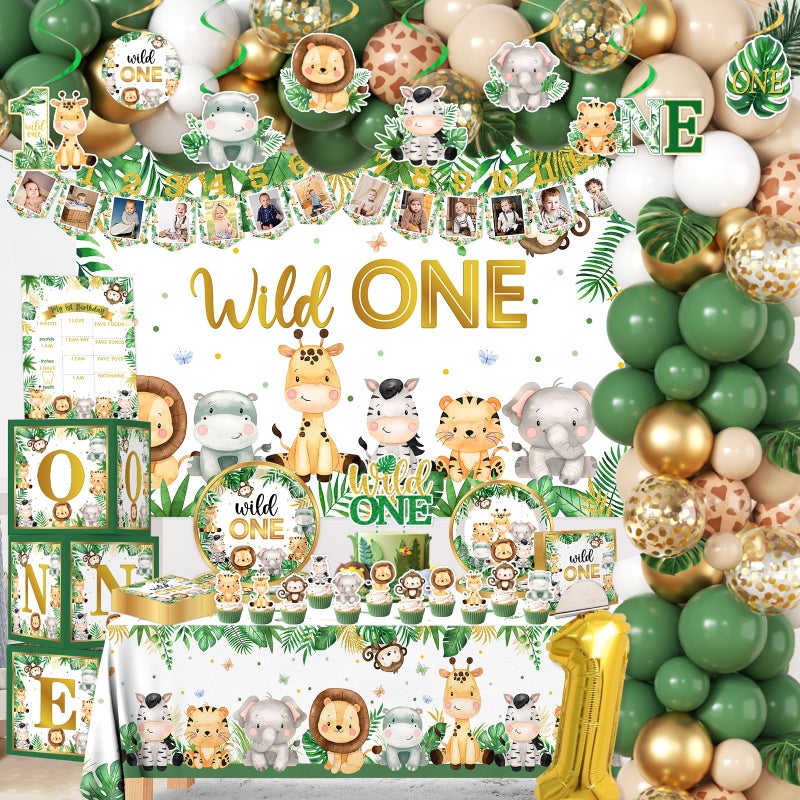 YGCTBVY Wild Birthday Decorations,Safari Birthday Decorations 239Pcs Wild Plates and Napkin Sets Banner Backdrop Tablecloth Cake Topper Box Balloon Garland for Jungle 1st Birth day Decorations - Image 3