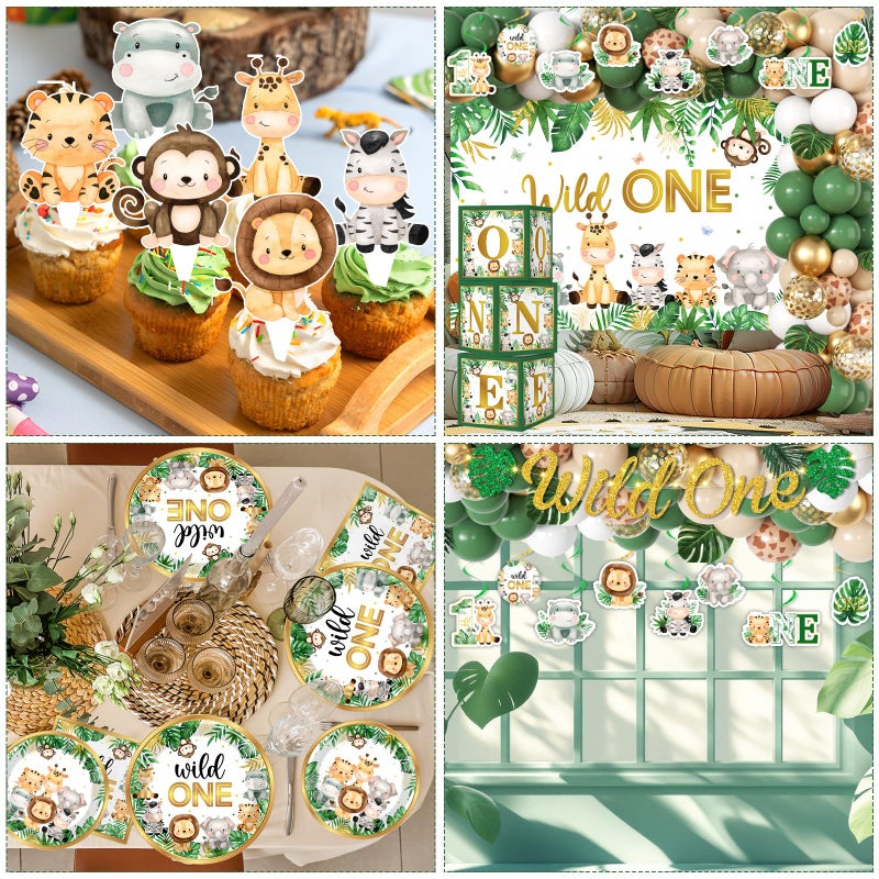 YGCTBVY Wild Birthday Decorations,Safari Birthday Decorations 239Pcs Wild Plates and Napkin Sets Banner Backdrop Tablecloth Cake Topper Box Balloon Garland for Jungle 1st Birth day Decorations - Image 5