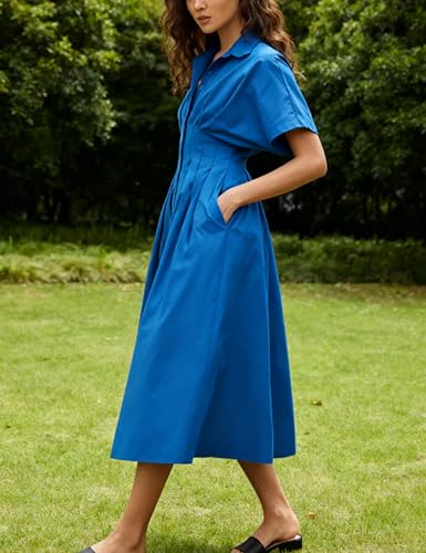 Yeokou Shirt Dress for Women Summer Casual Short Sleeve Button Down Loose Pleated Maxi Sundress with Pockets(Blue-S) - Image 5