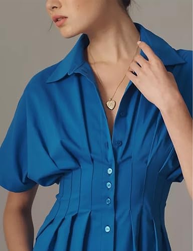 Yeokou Shirt Dress for Women Summer Casual Short Sleeve Button Down Loose Pleated Maxi Sundress with Pockets(Blue-S) - Image 2