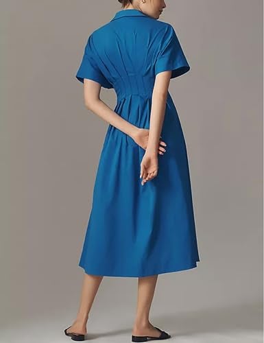 Yeokou Shirt Dress for Women Summer Casual Short Sleeve Button Down Loose Pleated Maxi Sundress with Pockets(Blue-S) - Image 3