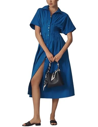 Yeokou Shirt Dress for Women Summer Casual Short Sleeve Button Down Loose Pleated Maxi Sundress with Pockets(Blue-S) - Image 1