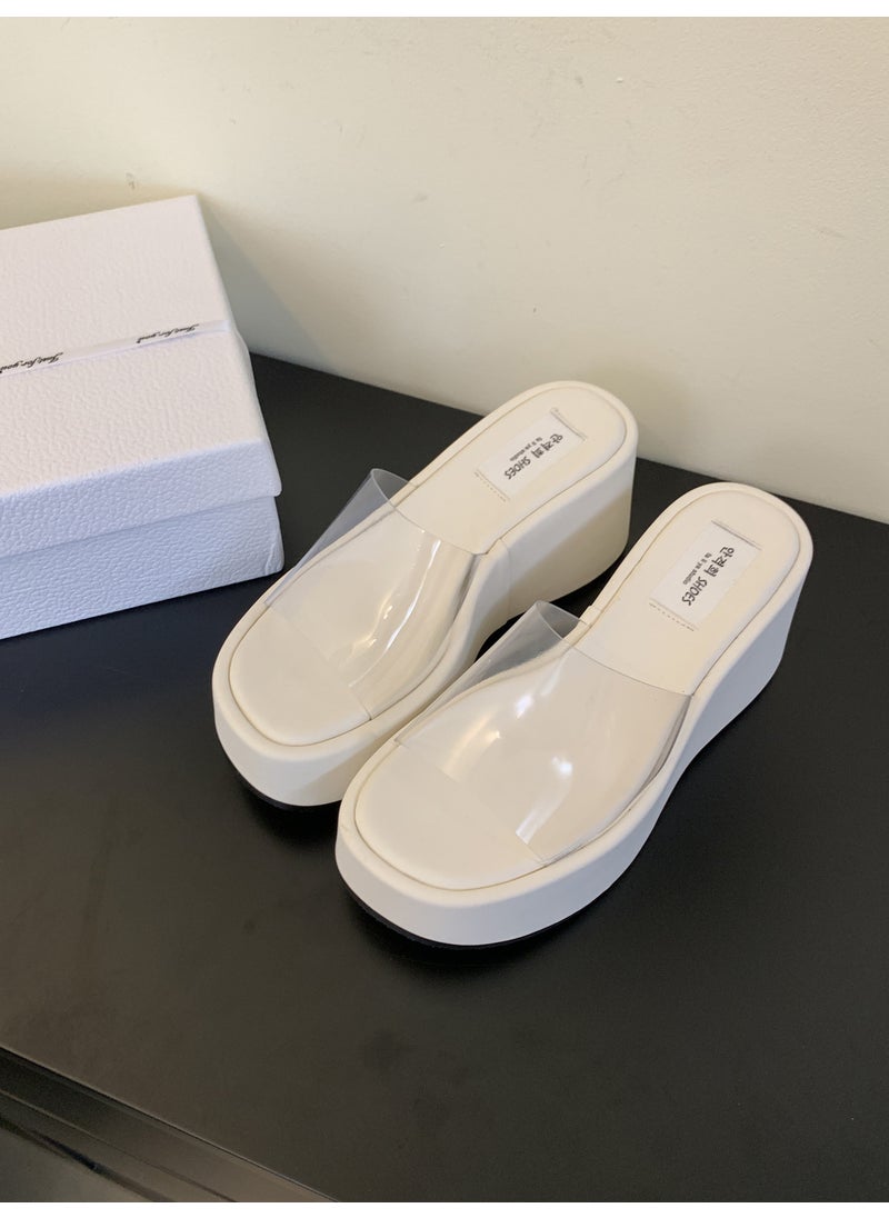 Generic - 2024 Spring And Autumn New Womens Slippers One-Row Transparent Platform Waterproof Thick Bottom Slope Track Outer Wear Sandals White - Image 1