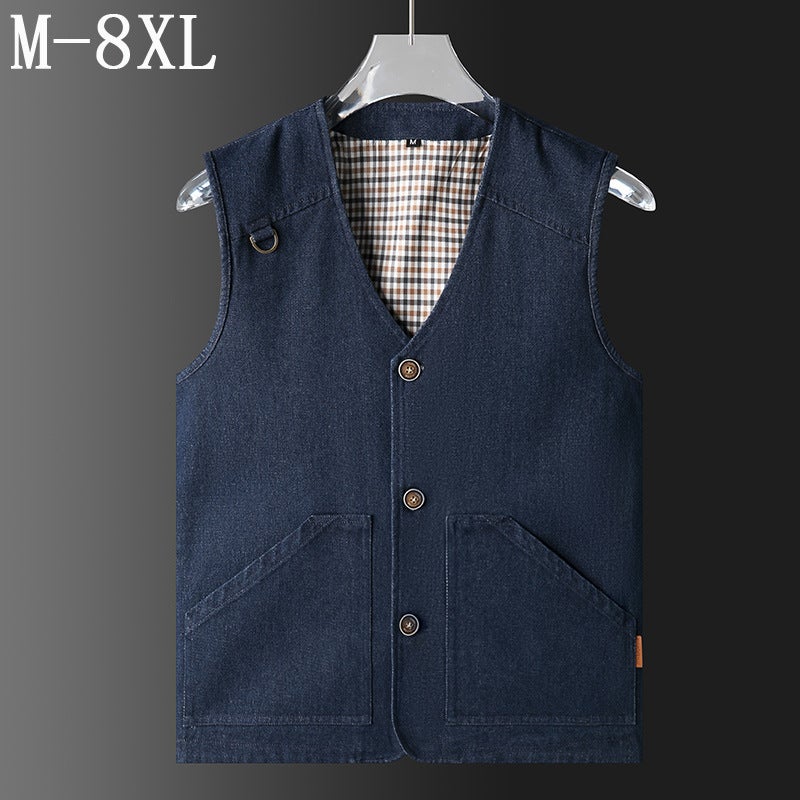 Men'S Cotton Denim Vest Plus Size Multi-Pocket Cotton Vest Fishing Waistcoat Multi-Functional V-Neck Four Seasons - Image 2