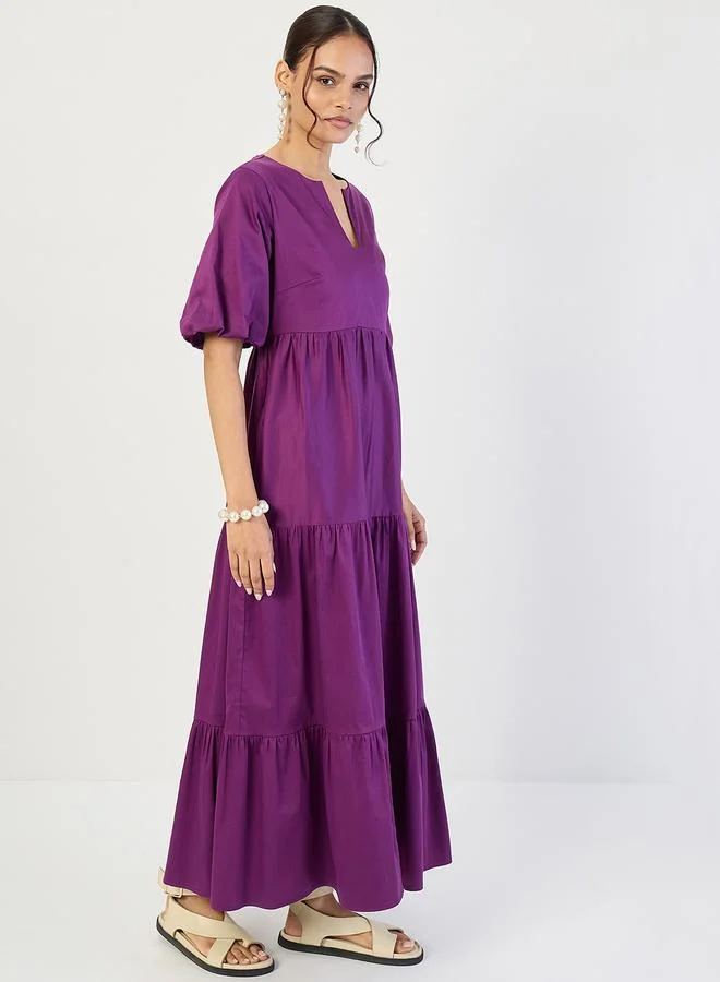 Femmella Purple Cotton Puff Sleeve Tiered Maxi Dress