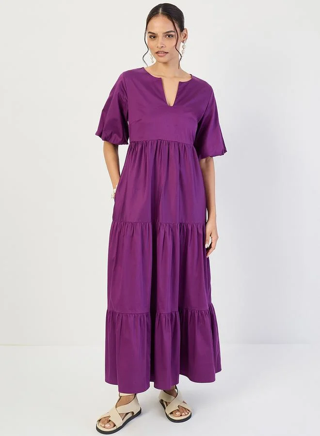 Femmella Purple Cotton Puff Sleeve Tiered Maxi Dress