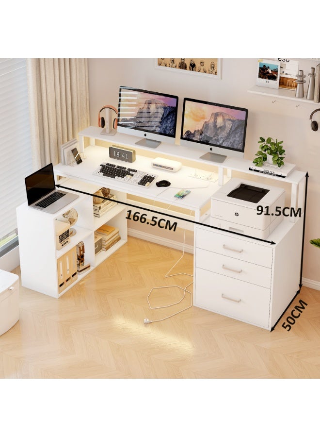 YY-ريشير مكتب كمبيوتر على شكل حرف L مزود بمأخذ طاقة وشريط إضاءة، مكتب للكتابة مع حامل شاشة وأدراج ورفوف تخزين، طاولة عمل زاوية للدراسة المنزلية - Image 4