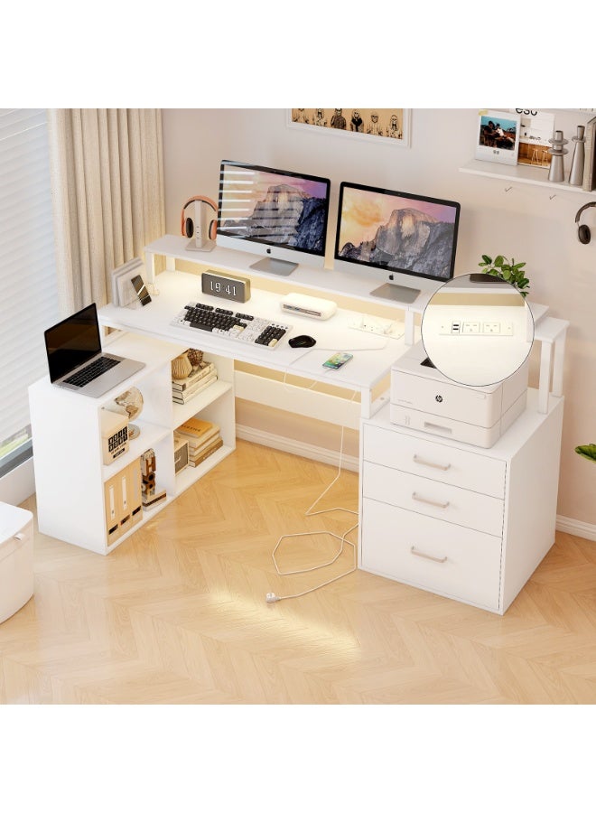 YY-ريشير مكتب كمبيوتر على شكل حرف L مزود بمأخذ طاقة وشريط إضاءة، مكتب للكتابة مع حامل شاشة وأدراج ورفوف تخزين، طاولة عمل زاوية للدراسة المنزلية - Image 1