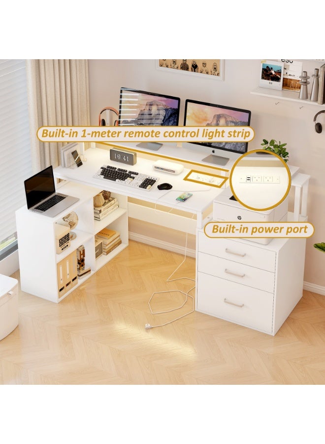 YY-ريشير مكتب كمبيوتر على شكل حرف L مزود بمأخذ طاقة وشريط إضاءة، مكتب للكتابة مع حامل شاشة وأدراج ورفوف تخزين، طاولة عمل زاوية للدراسة المنزلية - Image 2