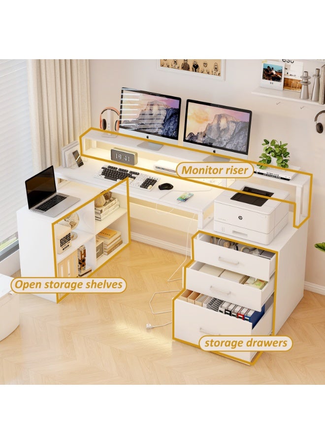 YY-ريشير مكتب كمبيوتر على شكل حرف L مزود بمأخذ طاقة وشريط إضاءة، مكتب للكتابة مع حامل شاشة وأدراج ورفوف تخزين، طاولة عمل زاوية للدراسة المنزلية - Image 3