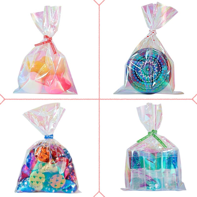 HRX Package 100pcs Small Iridescent Cellophane Treat Bags with Ties, 4x6 inch Holographic Plastic Goody Bags for Candy, Cake Pops, Favors - Image 4