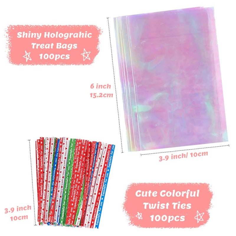 HRX Package 100pcs Small Iridescent Cellophane Treat Bags with Ties, 4x6 inch Holographic Plastic Goody Bags for Candy, Cake Pops, Favors - Image 2