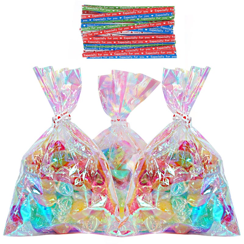 HRX Package 100pcs Small Iridescent Cellophane Treat Bags with Ties, 4x6 inch Holographic Plastic Goody Bags for Candy, Cake Pops, Favors - Image 1