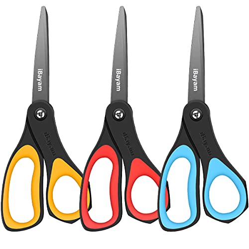 iBayam Scissors, iBayam 3 Pack 8" All Purpose Nonstick Scissors, 2.5MM Thickness Titanium Blades with Comfort Grip, Heavy Duty Shears for Office School Home Classroom General Use Art and Craft DIY Supplies - Image 1