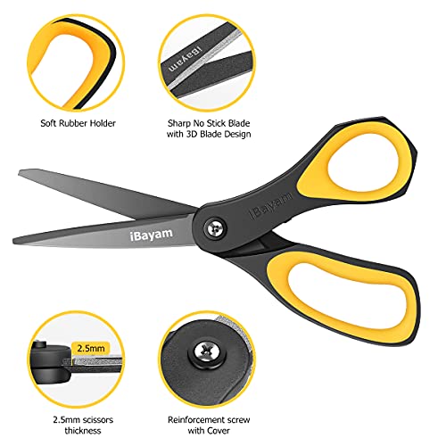 iBayam Scissors, iBayam 3 Pack 8" All Purpose Nonstick Scissors, 2.5MM Thickness Titanium Blades with Comfort Grip, Heavy Duty Shears for Office School Home Classroom General Use Art and Craft DIY Supplies - Image 3