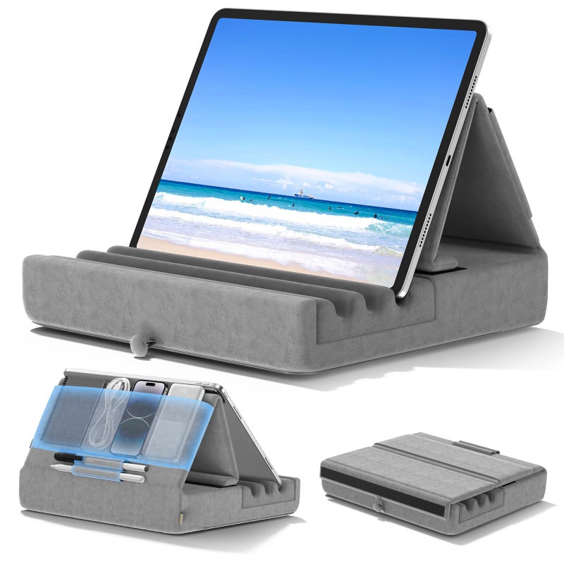 KDD Tablet Pillow Holder, Foldable iPad Stand for Lap, Bed and Desk -Tablet Soft Pad Dock with Pocket & Stylus Mount Compatible with iPad Pro 12.9, 10.5, 9.7 Air Mini 6 5 4 3, Galaxy Tab, E-Reader - Image 1