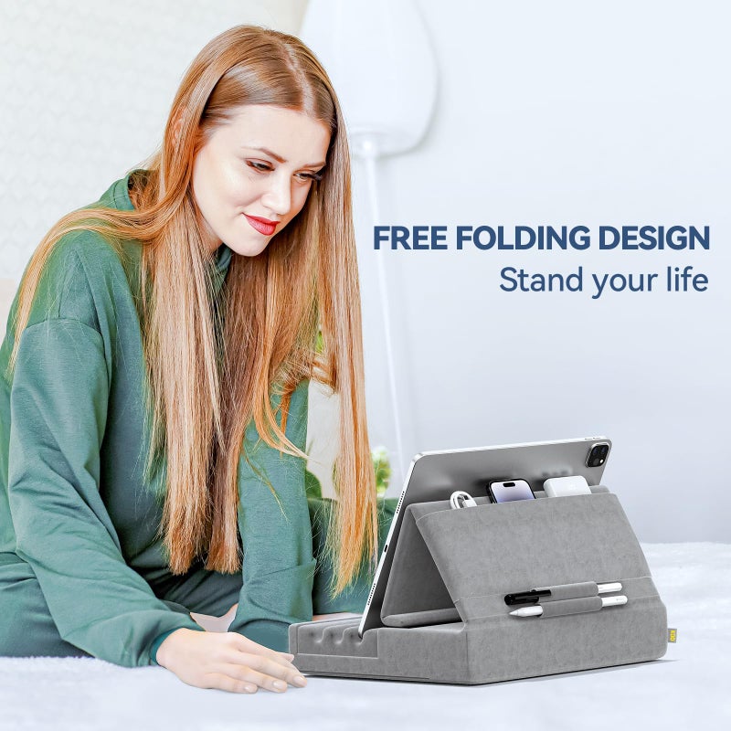 KDD Tablet Pillow Holder, Foldable iPad Stand for Lap, Bed and Desk -Tablet Soft Pad Dock with Pocket & Stylus Mount Compatible with iPad Pro 12.9, 10.5, 9.7 Air Mini 6 5 4 3, Galaxy Tab, E-Reader - Image 3