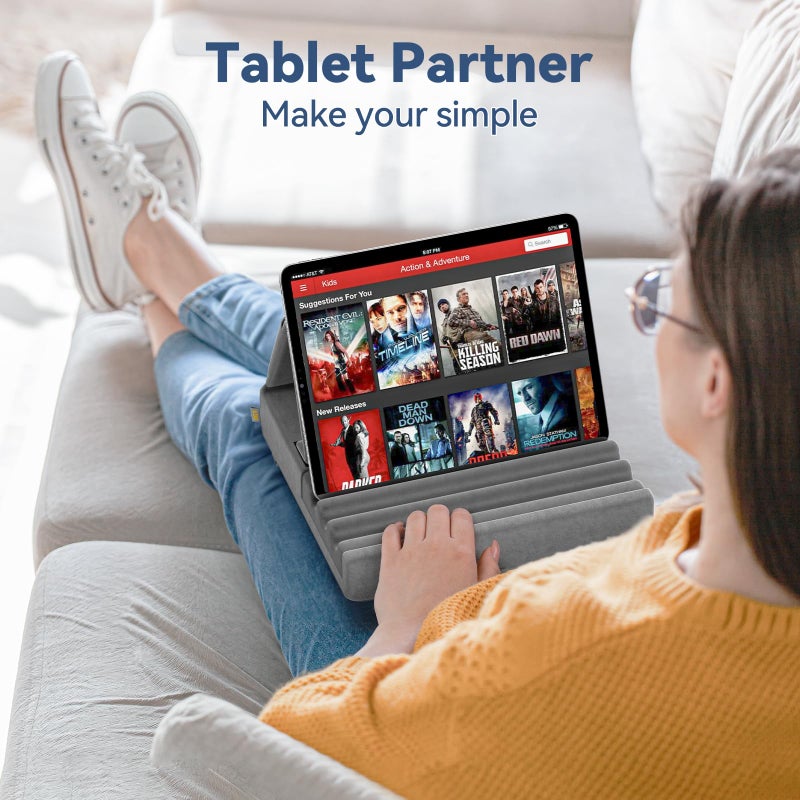 KDD Tablet Pillow Holder, Foldable iPad Stand for Lap, Bed and Desk -Tablet Soft Pad Dock with Pocket & Stylus Mount Compatible with iPad Pro 12.9, 10.5, 9.7 Air Mini 6 5 4 3, Galaxy Tab, E-Reader - Image 2