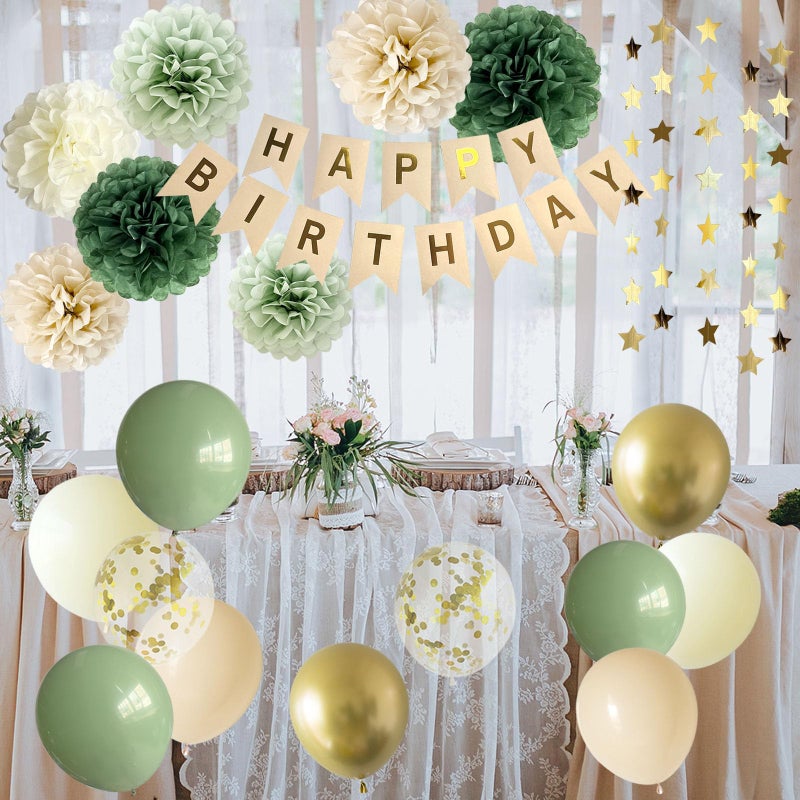ANSOMO Sage Green Happy Birthday Party Decorations Retro Green Nude Ivory Dark Olive Kraft Paper Banner Balloons Neutral Rustic Boho Blush Safari Botanical Greenery Wild DÃ©cor Supplies Women Adults - Image 4