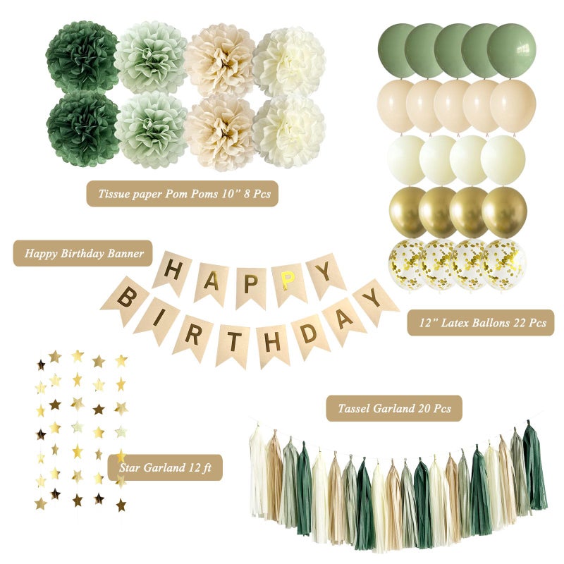 ANSOMO Sage Green Happy Birthday Party Decorations Retro Green Nude Ivory Dark Olive Kraft Paper Banner Balloons Neutral Rustic Boho Blush Safari Botanical Greenery Wild DÃ©cor Supplies Women Adults - Image 2