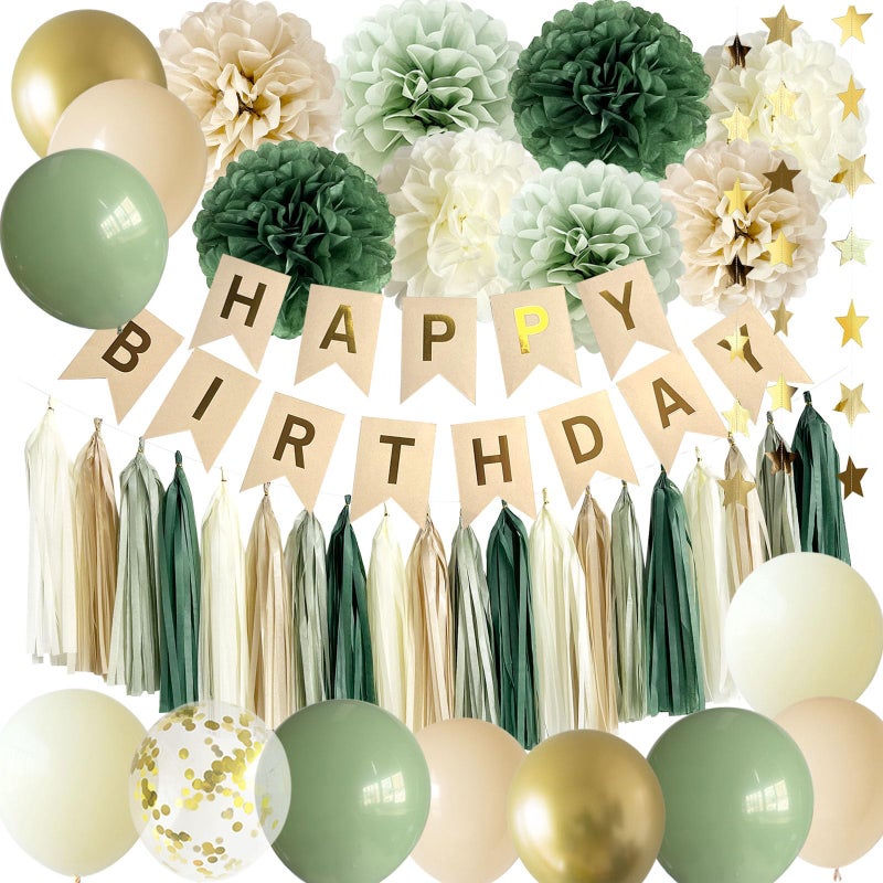 ANSOMO Sage Green Happy Birthday Party Decorations Retro Green Nude Ivory Dark Olive Kraft Paper Banner Balloons Neutral Rustic Boho Blush Safari Botanical Greenery Wild DÃ©cor Supplies Women Adults - Image 1