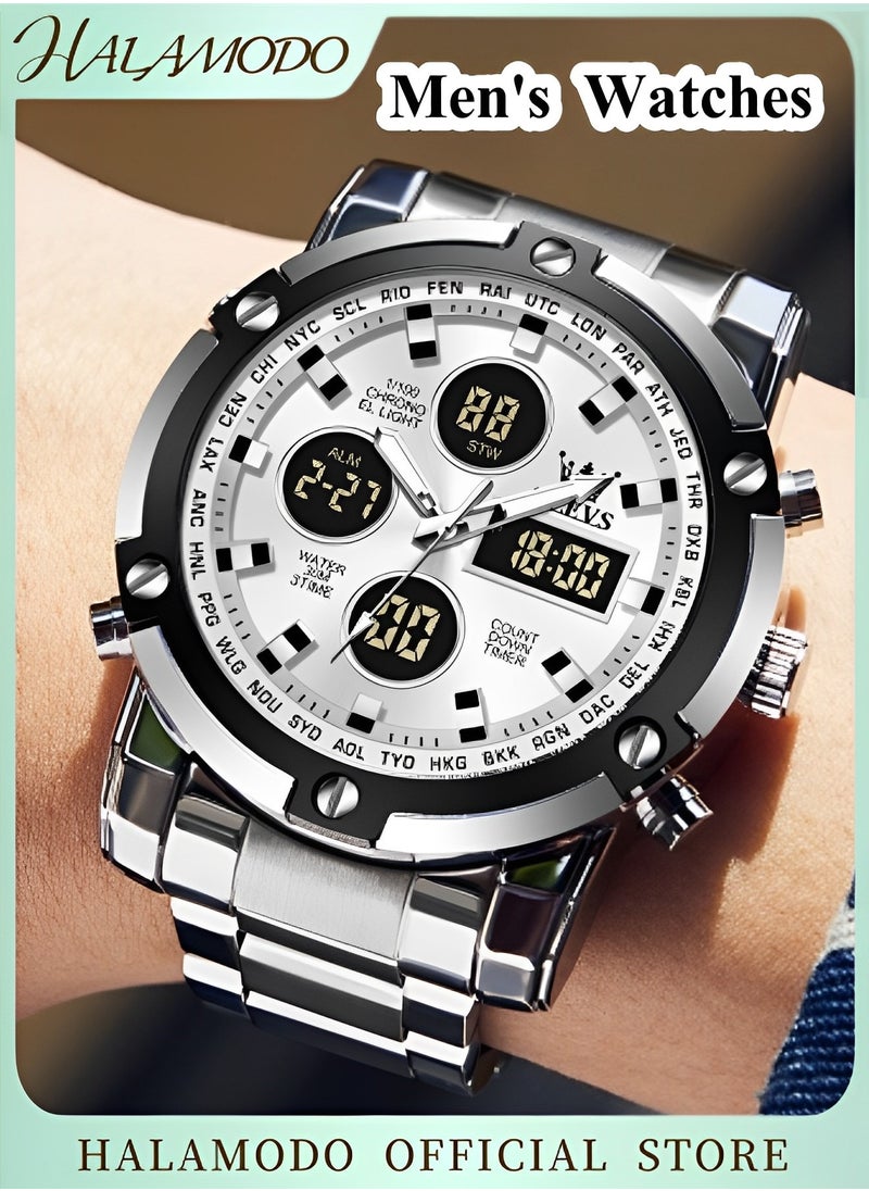 HALAMODO Men's Analog Digital Watches with Luxury Stainless Steel Band Male Outdoor Sport Waterproof Big Heavy Wristwatch Multi Function Tactics LED Alarm Stopwatch  - Image 1