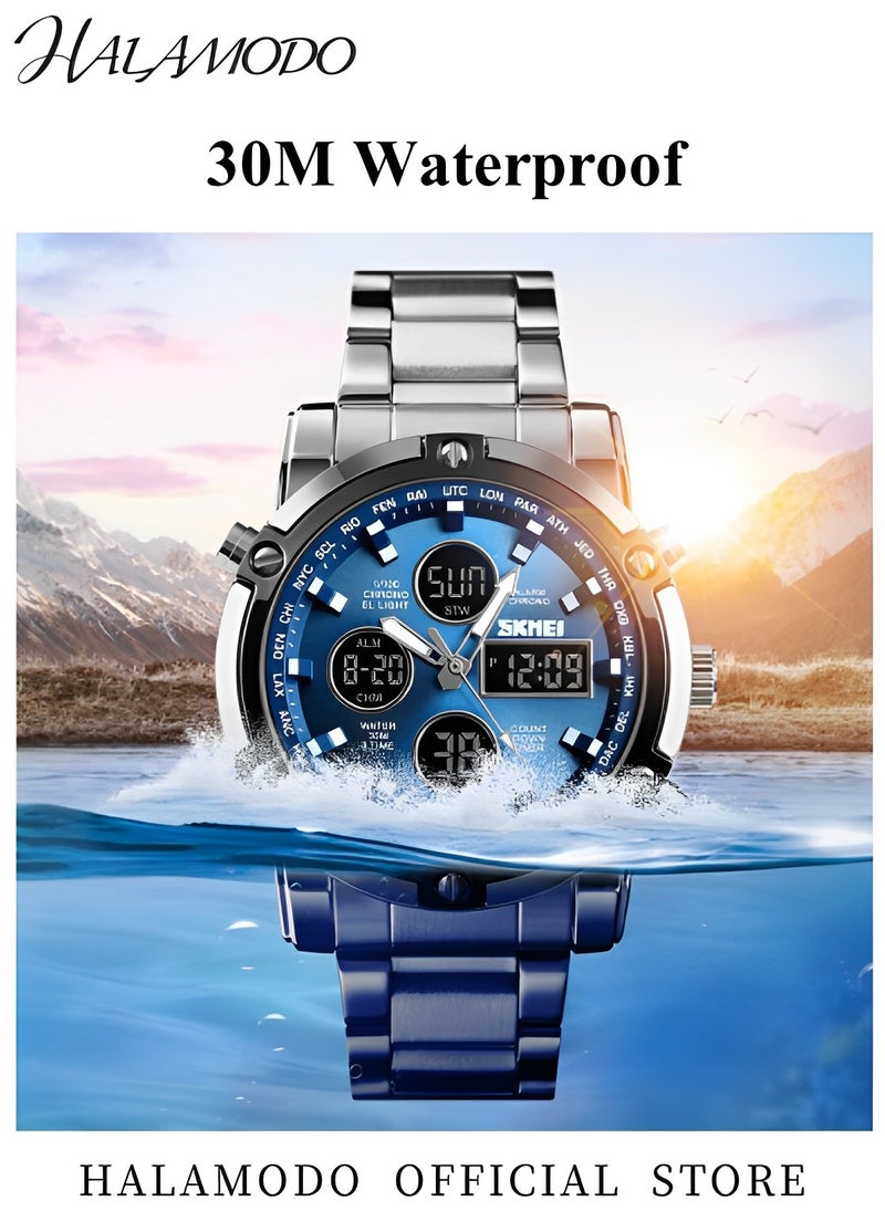 HALAMODO Men's Analog Digital Watches with Luxury Stainless Steel Band Male Outdoor Sport Waterproof Big Heavy Wristwatch Multi Function Tactics LED Alarm Stopwatch  - Image 2