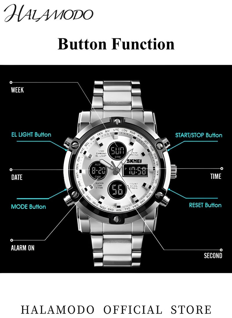 HALAMODO Men's Analog Digital Watches with Luxury Stainless Steel Band Male Outdoor Sport Waterproof Big Heavy Wristwatch Multi Function Tactics LED Alarm Stopwatch  - Image 4