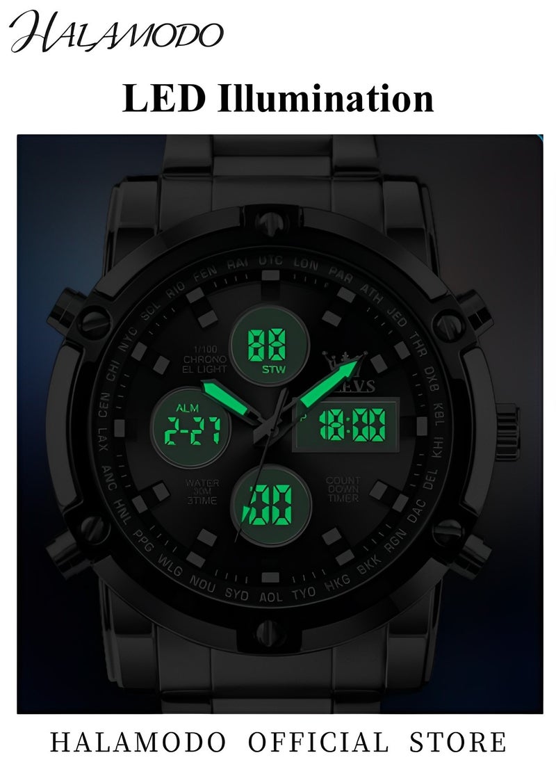 HALAMODO Men's Analog Digital Watches with Luxury Stainless Steel Band Male Outdoor Sport Waterproof Big Heavy Wristwatch Multi Function Tactics LED Alarm Stopwatch  - Image 3