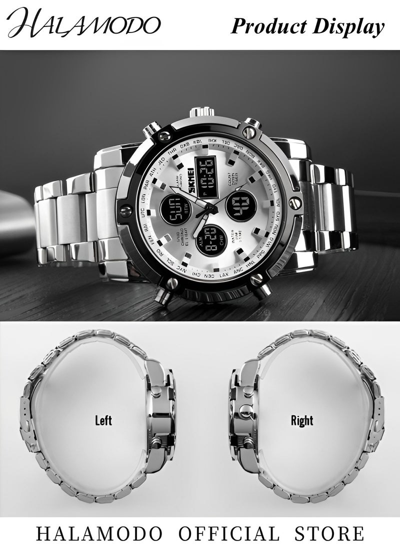 HALAMODO Men's Analog Digital Watches with Luxury Stainless Steel Band Male Outdoor Sport Waterproof Big Heavy Wristwatch Multi Function Tactics LED Alarm Stopwatch  - Image 5
