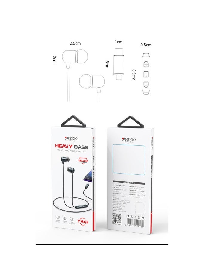 يسيدو - سماعات أذن سلكية Type-C USB-C داخل الأذن، الطول: 1.2 متر من يس اي دو اسود - Image 1