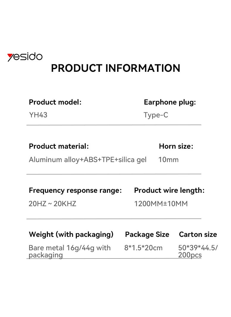 يسيدو - سماعات أذن سلكية Type-C USB-C داخل الأذن، الطول: 1.2 متر من يس اي دو اسود - Image 1