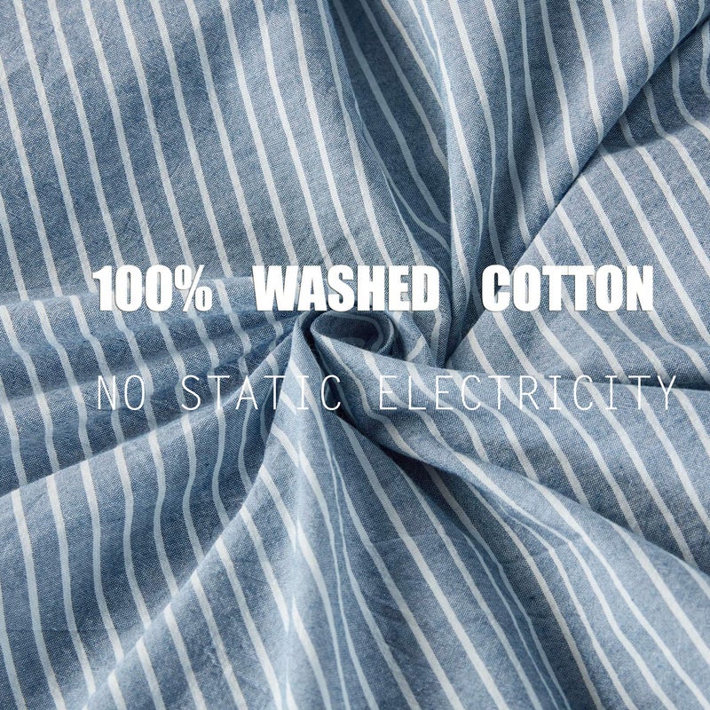 JELLYMONI Pinstriped 100% Washed Cotton Linen Like Duvet Cover Set  3 Pieces Soft Bedding Set with Buttons Closure  Blue with White Vertical Ticking Stripes Pattern Duvet Cover King Size(No Comforter) - Image 3