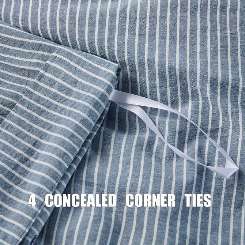 JELLYMONI Pinstriped 100% Washed Cotton Linen Like Duvet Cover Set  3 Pieces Soft Bedding Set with Buttons Closure  Blue with White Vertical Ticking Stripes Pattern Duvet Cover King Size(No Comforter) - Image 4