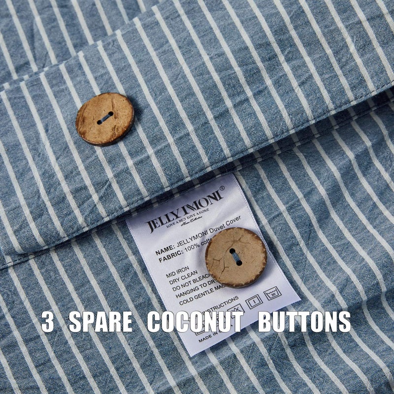 JELLYMONI Pinstriped 100% Washed Cotton Linen Like Duvet Cover Set  3 Pieces Soft Bedding Set with Buttons Closure  Blue with White Vertical Ticking Stripes Pattern Duvet Cover King Size(No Comforter) - Image 5