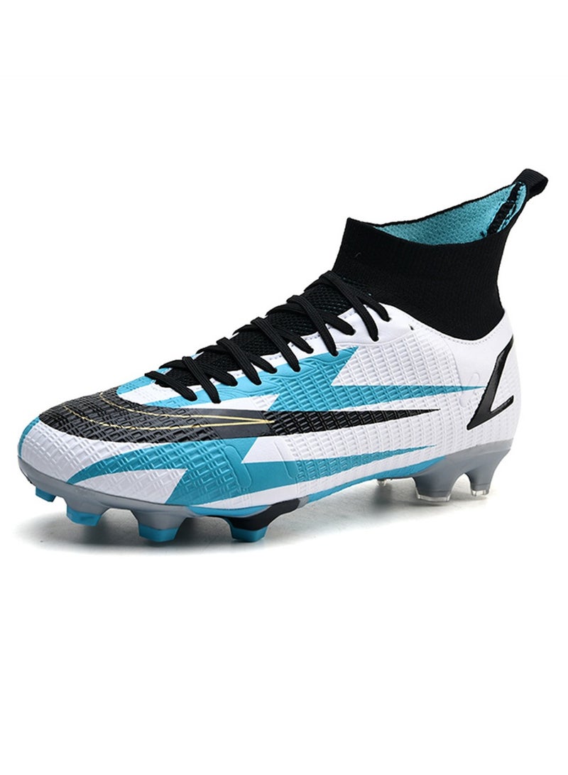Youth high-top football shoes FG football shoes outdoor sports shoes men and women white blue black - Image 2