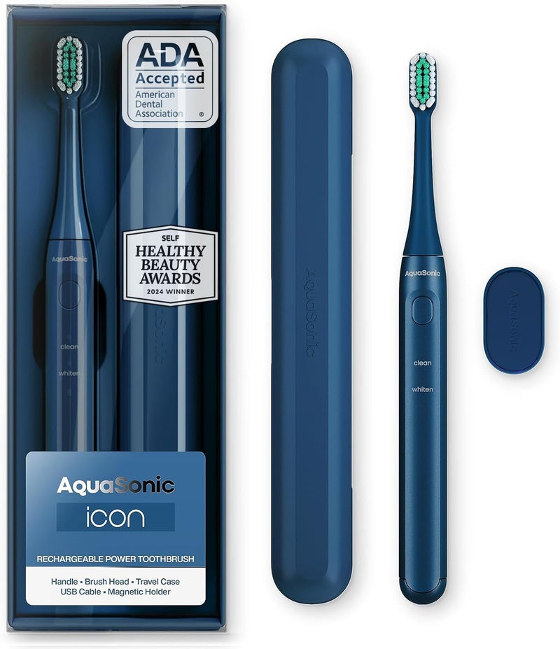 Aquasonic Icon ADAAccepted Rechargeable Toothbrush Magnetic Holder Slim Travel Case 2 Brushing Modes Smart Timers Gentle MicroVibrations Navy