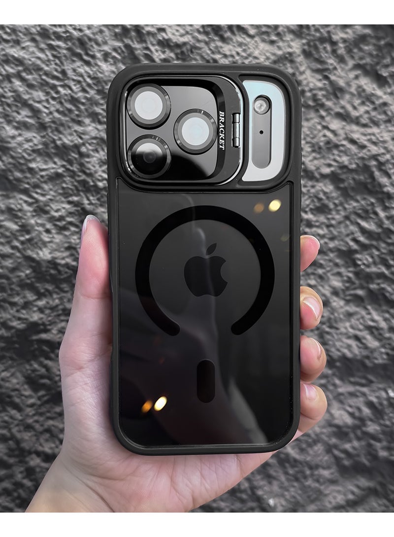 Metal Bracket Phone Case for iPhone 17 Pro Max - Magnetic Wireless Charging - Acrylic Silicone - With Camera Protection Lens - Black - Image 1