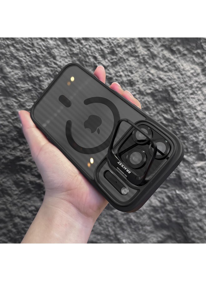 Metal Bracket Phone Case for iPhone 17 Pro Max - Magnetic Wireless Charging - Acrylic Silicone - With Camera Protection Lens - Black - Image 2