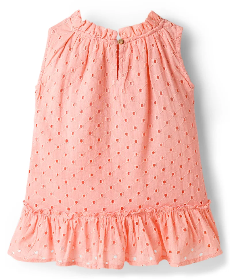 Bonfino Bonfino Woven Cotton Sleeveless Schiffli Dress With Ruffles At Bottom Hem Panel - Pink