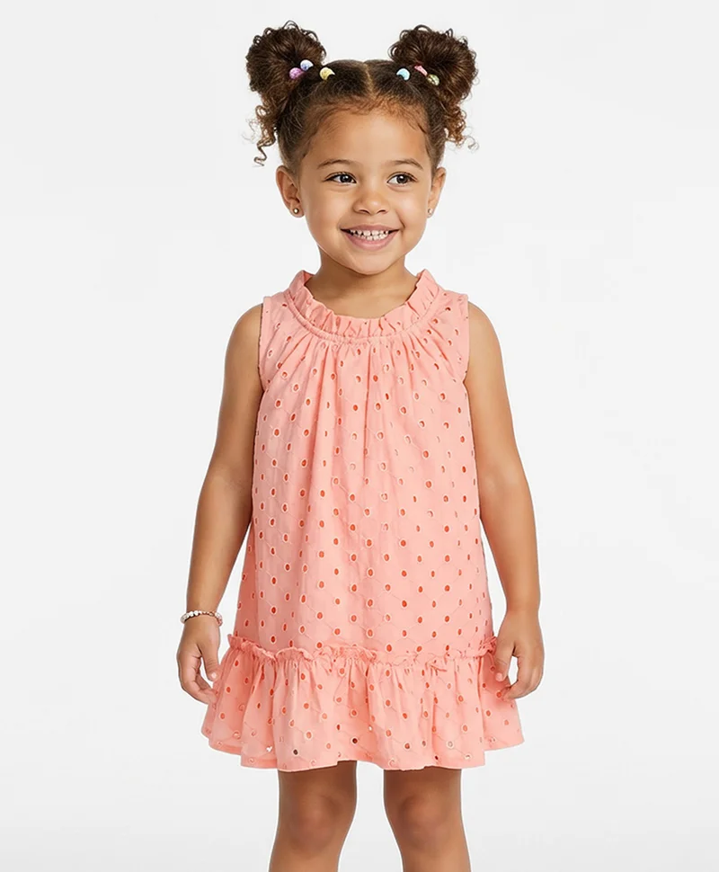 Bonfino Bonfino Woven Cotton Sleeveless Schiffli Dress With Ruffles At Bottom Hem Panel - Pink