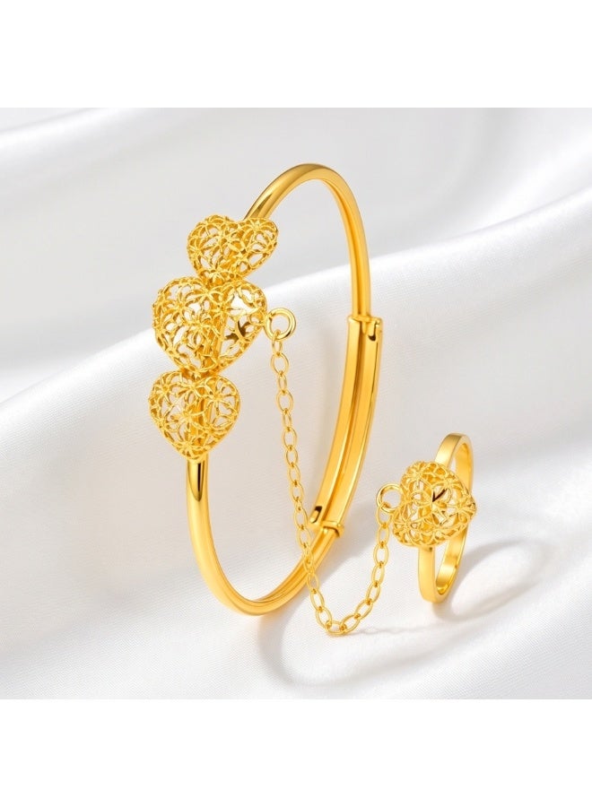 BAFLEH JEWELLERY Elegant Yellow Gold Filigree Heart Trio Baby Kada with Attached Chain Ring  Bafleh Jewellery - Image 3