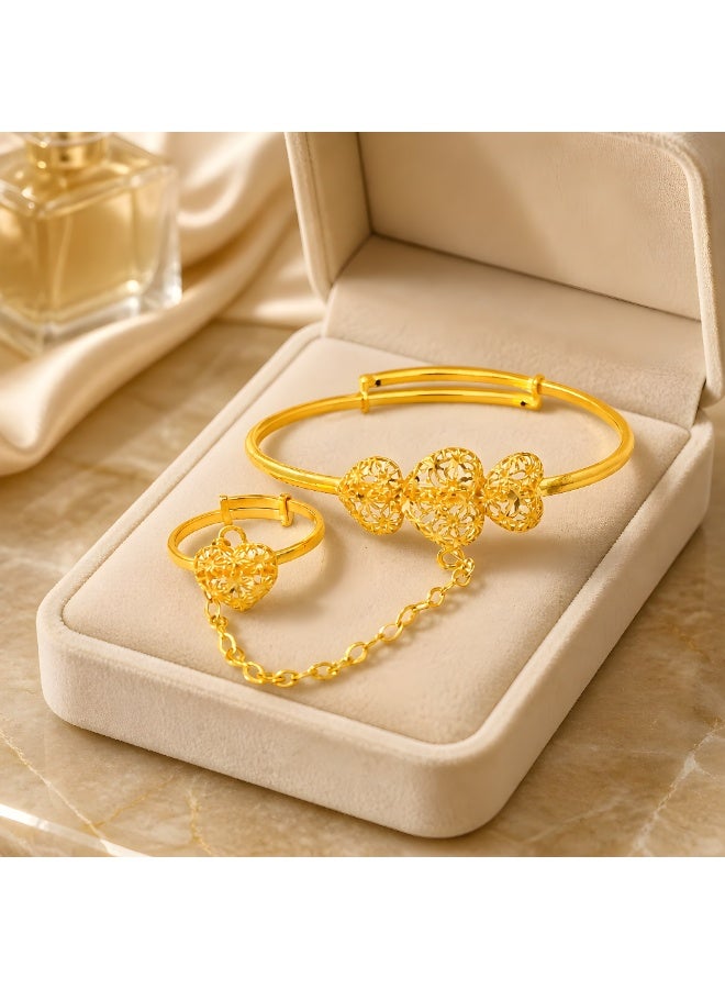 BAFLEH JEWELLERY Elegant Yellow Gold Filigree Heart Trio Baby Kada with Attached Chain Ring  Bafleh Jewellery - Image 2