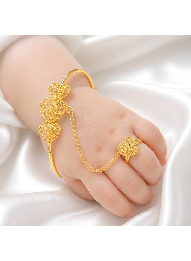 BAFLEH JEWELLERY Elegant Yellow Gold Filigree Heart Trio Baby Kada with Attached Chain Ring  Bafleh Jewellery - Image 4