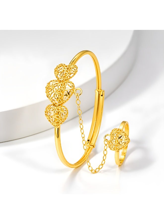 BAFLEH JEWELLERY Elegant Yellow Gold Filigree Heart Trio Baby Kada with Attached Chain Ring  Bafleh Jewellery - Image 1