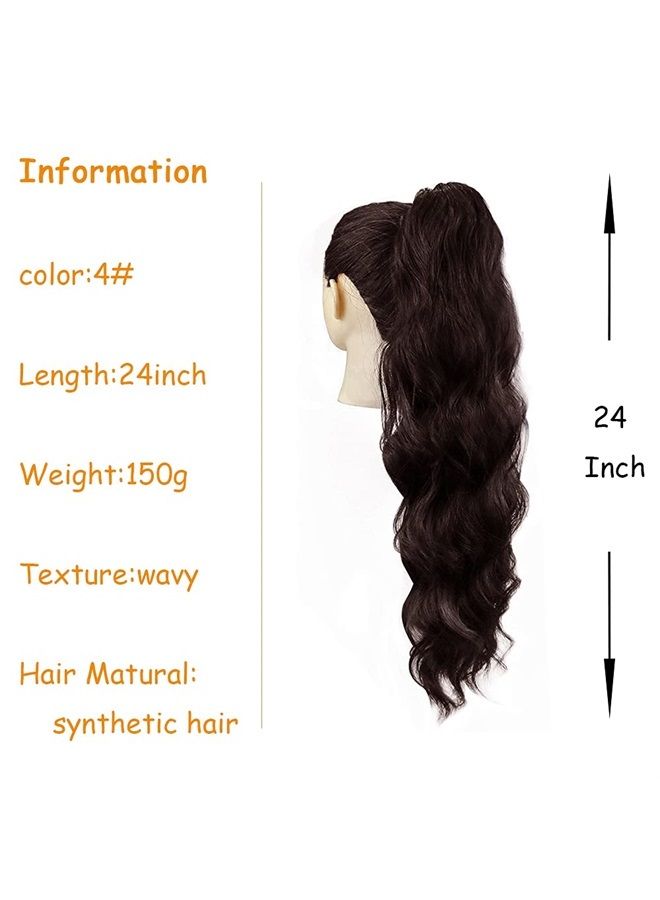KETHBE 24 Inch Long Body Wave Ponytail hair Extension Synthetic Heat Resistant Wrap Around Drawstring Curly Wavy Ponytail Hairpieces for Women (4#)  - Image 2
