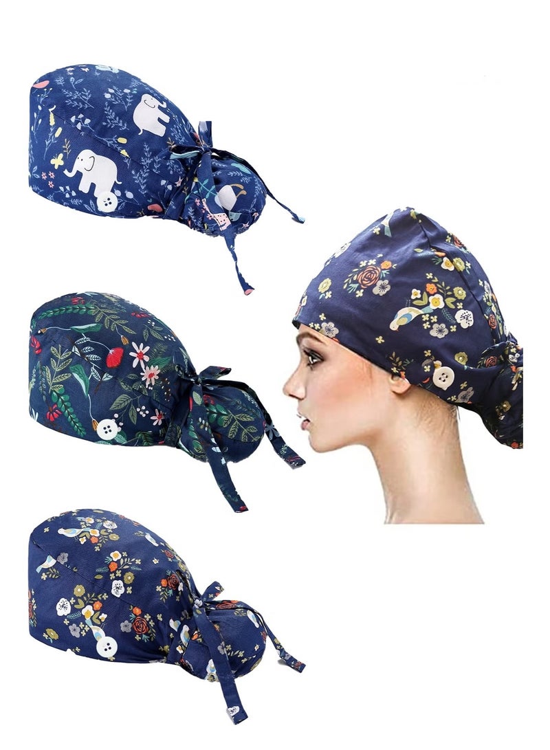 Pack of 3 Surgical Caps for Female and Male  Cotton Nursing Cap  Working Cap Adjustable Cotton Working Hats Sweatband Cotton Ponytail Holder  Long Hair Head Covers Hair Caps Nurse hat with buttons - Image 1