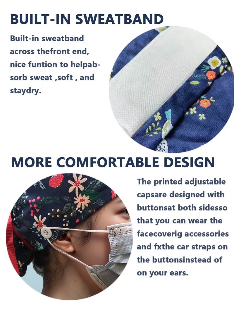 Pack of 3 Surgical Caps for Female and Male  Cotton Nursing Cap  Working Cap Adjustable Cotton Working Hats Sweatband Cotton Ponytail Holder  Long Hair Head Covers Hair Caps Nurse hat with buttons - Image 3